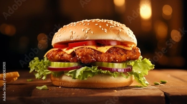 Obraz Appetizing chicken burger with cheese, bacon, lettuce,