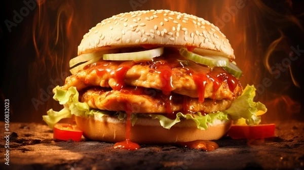 Obraz Appetizing chicken burger with cheese, bacon, lettuce,