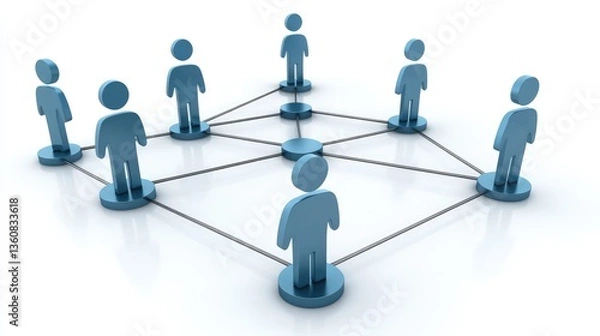 Fototapeta Abstract representation of social connections among people with blue figures and connecting lines on a white background