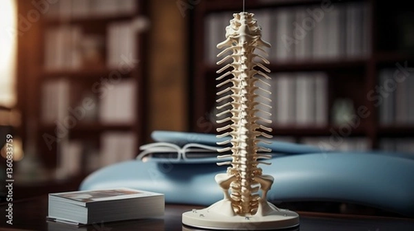 Fototapeta Human spine model on a desk with a blurred bookshelf background