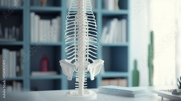 Obraz Human spine model on a desk with a blurred bookshelf background