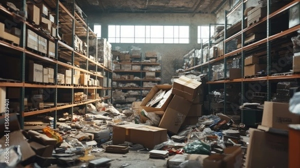 Fototapeta Disorganized warehouse filled with scattered boxes and trash, showcasing cluttered storage environment