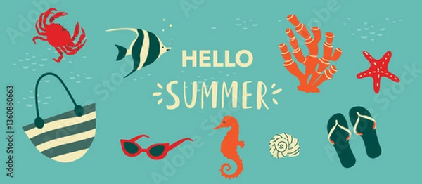 Obraz Summer set with sea and beach elements. Vector illustration