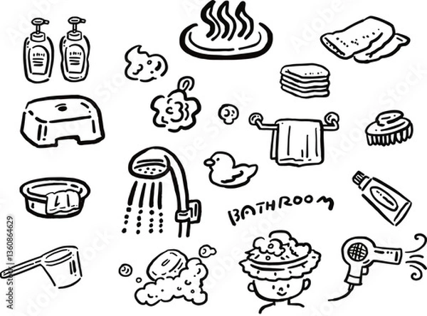 Obraz お風呂用品の手描き風イラスト　線画セット