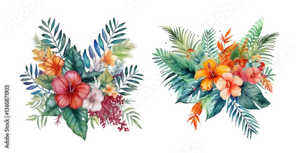 Obraz Set of floral elements Flower and green leaves vector
