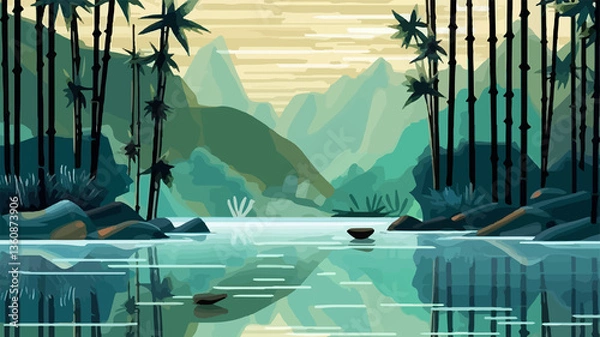 Obraz Branches tropical jungle bamboo composition with lake landscape vector