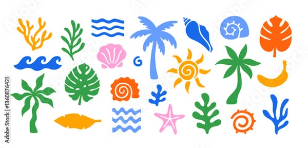 Obraz Abstract modern vector sea ocean vacation elements in simple wavy and groovy naive style. Design vintage trendy templates