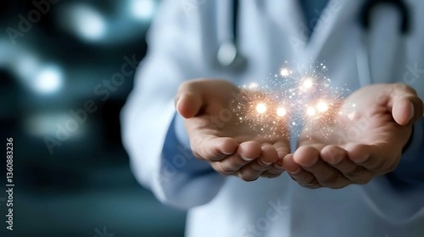 Fototapeta Medical professional in white coat holds glowing magical particles in cupped hands against dark background, representing healing energy and innovative healthcare solutions.