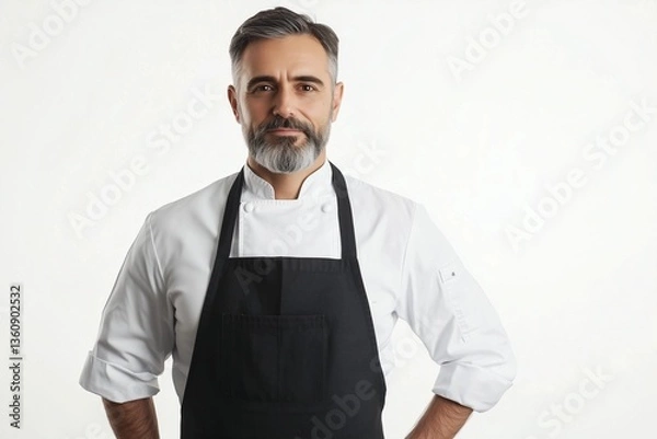 Fototapeta A close-up studio shot of a middle-aged man with short graying hair and a goatee, wearing a white chef's jacket and a black apron. His expression is serious and confident. The background is plain