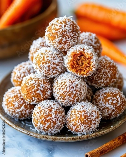Obraz A beautifully arranged stack of coconut-coated carrot energy balls sits on a rustic plate, surrounded by fresh carrots and a hint of cinnamon, showcasing a healthy treat.