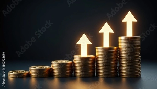 Fototapeta Growth money business increase finance profit on 3d investment background with coin stock wealth arrow graph. Financial economy concept rise gold strategy cash currency. Success market economic budget