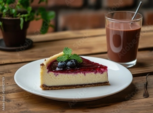 Fototapeta Delicious Blueberry Cheesecake Slice with Chocolate Milk on Wooden Table