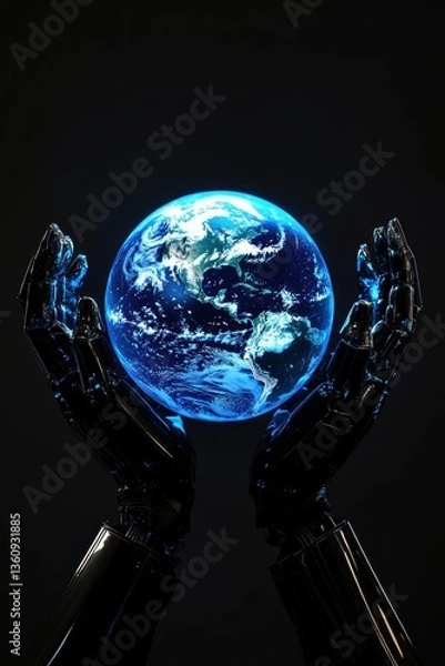 Obraz Robot hands holding planet earth. Earth Day theme background wallpaper.