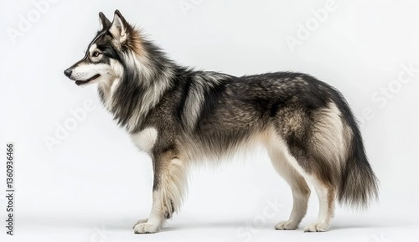 Fototapeta Profile of a Grey and Black Wolfdog on White Background