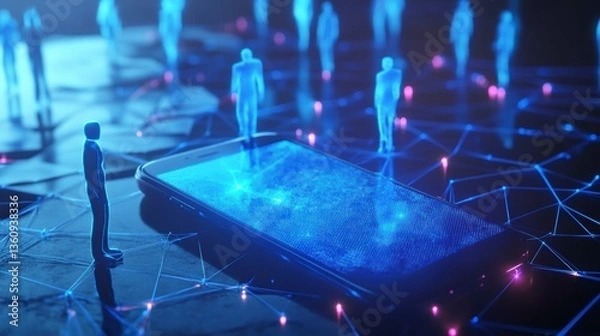 Fototapeta Digital network connection concept, glowing figures on smartphone screen.