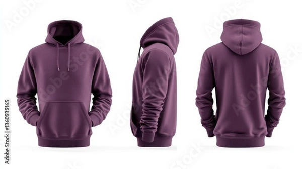 Fototapeta Purple Hoodie Mockup Front, Side, and Back Views on White Background