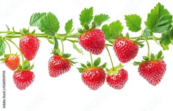 Fototapeta Ripe Red Strawberries on Vine with Green Leaves on White Background