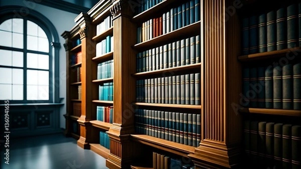 Fototapeta A view of a library with large wooden bookshelves filled with books and a window on the left side