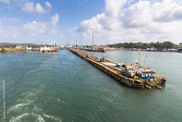 Fototapeta Exiting the last of the Gatun locks and entering Lake Gatun on the Panama Canal