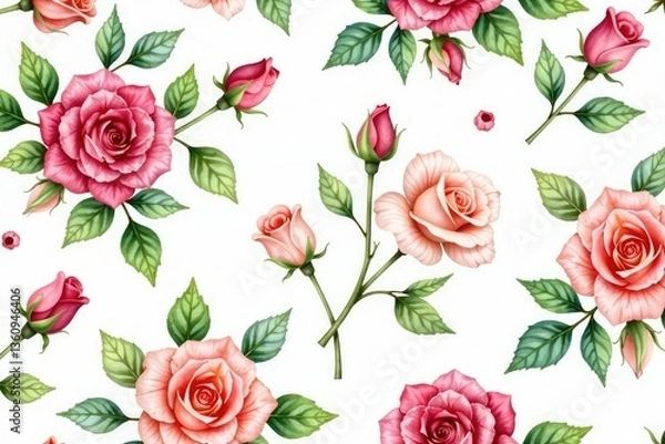 Fototapeta Delicate watercolor roses & leaves, repeating floral pattern , soft, background