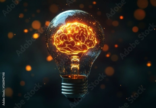 Fototapeta Glowing Brain Inside a Light Bulb on Dark Background