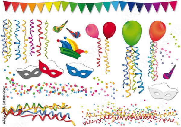 Obraz Karneval - Luftballons, Konfetti und Narrenkappe