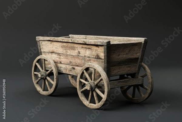 Fototapeta A rustic wooden cart stands displayed against a dark background