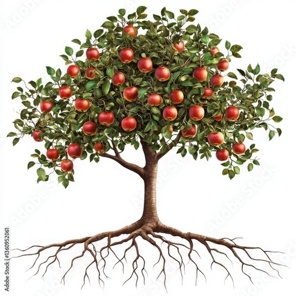 Obraz Lush apple tree with vibrant red apples and rich green leaves showcasing detailed roots against a clean white background