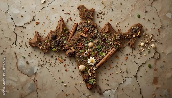 Fototapeta India Map Crafted From Spices and Herbs on Cracked Earth Surface