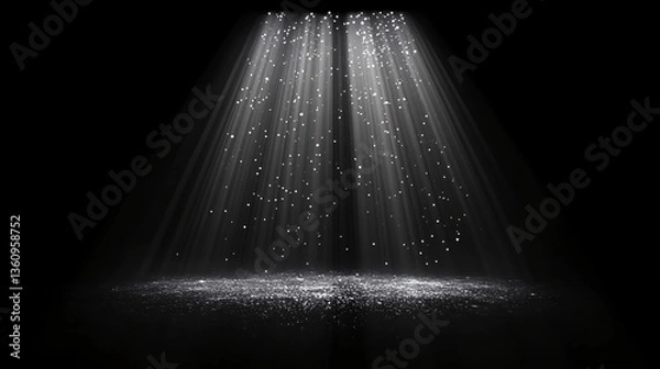 Fototapeta Dramatic White Light Beams with Sparkling Dust Particles in Dark Space for Mystical and Cinematic Visual Effects