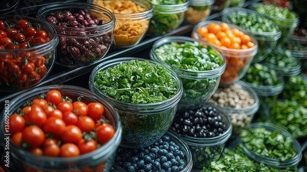 Fototapeta A colorful salad bar with a variety of veggies.