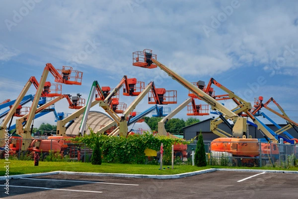 Obraz Outdoor lot filled with colorful boom lifts and aerial platforms lined up under a partly cloudy sky, showcasing heavy construction equipment ready for industrial or rental use.