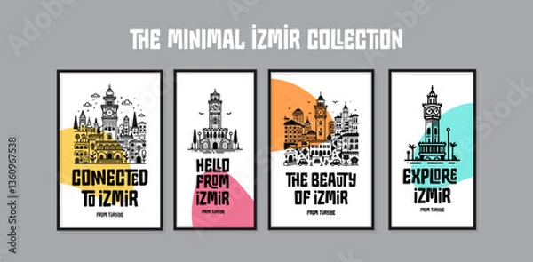 Fototapeta The Minimal Izmir Collection featuring iconic Izmir landmarks with clock tower illustrations