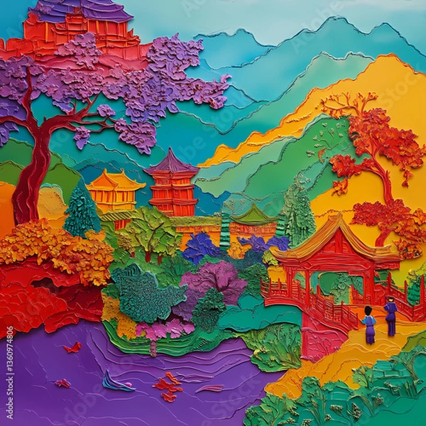 Fototapeta Colorful Oriental Landscape: A vibrant and detailed artistic depiction of an oriental landscape, featuring temples, bridges, and lush vegetation, celebrating cultural aesthetics and intricate design.