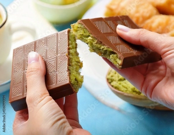 Obraz Mains de femme qui cassent du chocolat Dubaï, fourré à la pistache, gros plan.