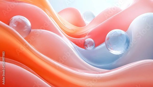 Fototapeta Abstract waves in orange and blue, with translucent sphere elements