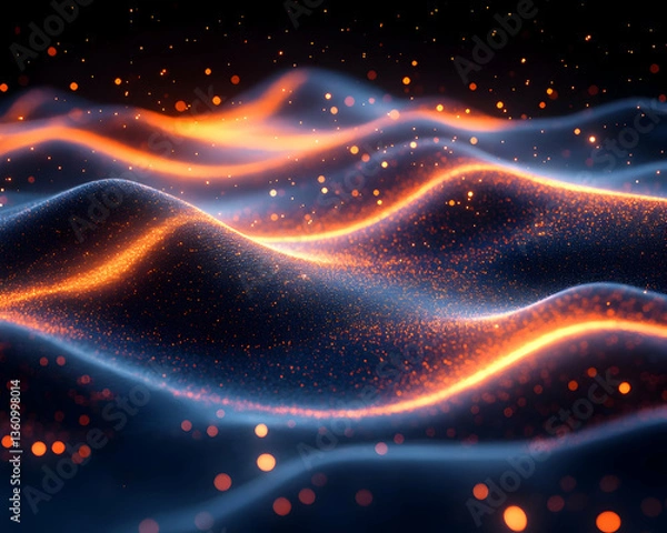 Obraz Abstract wavy surface with glowing lines and particles, dark background