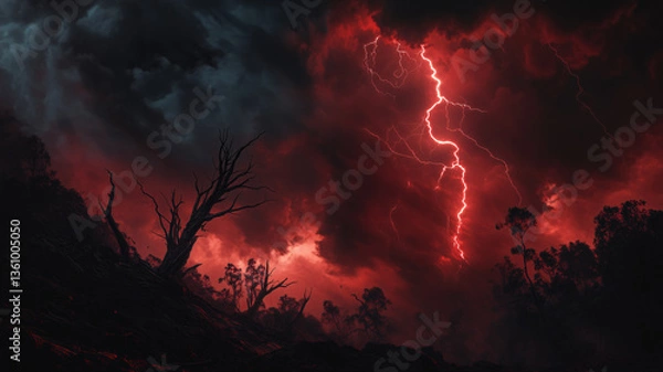 Fototapeta Scary apocalypse, frightening forest landscape with red lightning