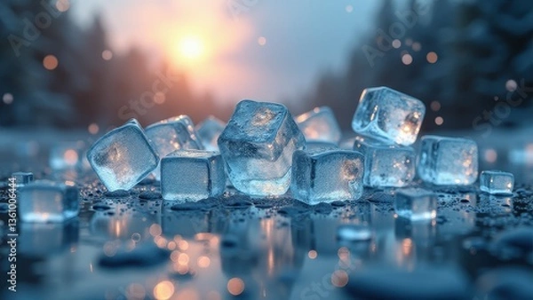 Fototapeta Fresh ice cubes melting on reflective surface in snowy forest at sunrise	