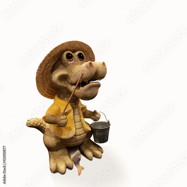 Obraz Lustiges Krokodil mit Strohhut, Angel und Eimer