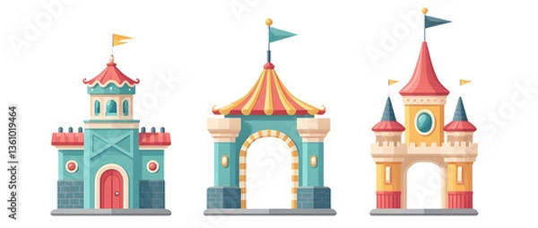 Fototapeta Colorful illustrations of whimsical castles and a circus tent with flags. cut out,isolated, transparent background