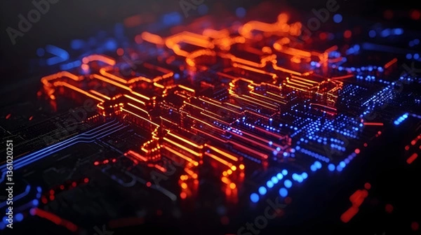 Fototapeta Glowing Circuit Board, Technology, Abstract, Data Flow, Digital, Background,  Tech, Innovation