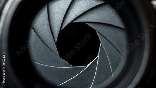 Obraz Close up of a camera lens aperture with triangular blades and a dark center creating a geometric pattern