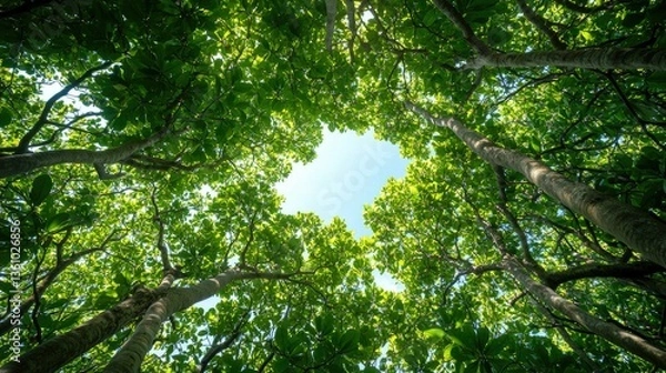 Fototapeta Looking Up at Green Trees and Sky with Sunlight Shining Through