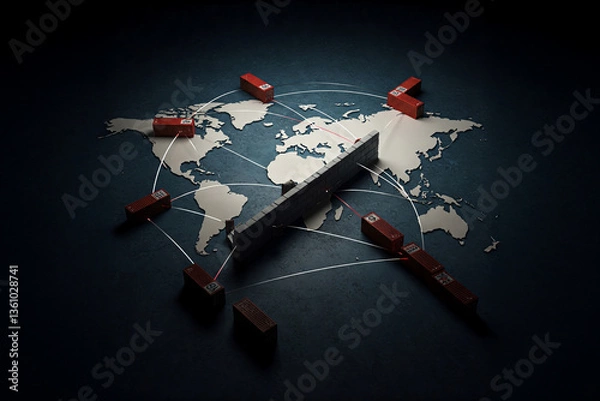 Fototapeta A visual representation of the global trade with shipping containers symbolizing commerce among countries like China, the United States and Europe.