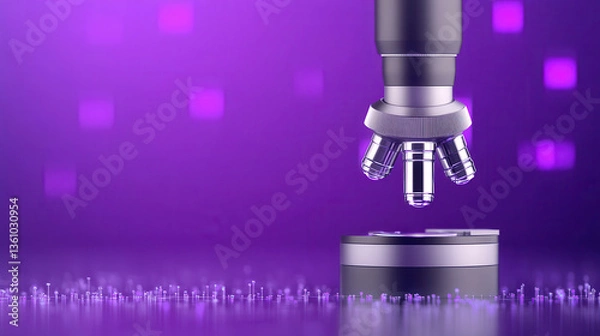 Fototapeta A close-up of a high-tech microscope revealing intricate components against a vibrant purple background, suggesting advanced scientific exploration.