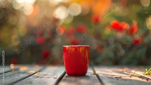 Fototapeta A simple and cozy scene with a bright red coffee cup resting on a rustic wooden table, Single red coffee mug on the wooden kitchen countertop
