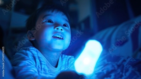 Fototapeta A young boy lies in bed at night, illuminated by the blue glow of a nightlight, looking upwards with wonder and curiosity.