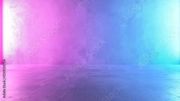 Fototapeta Abstract neon pink and blue light illuminating a textured concrete wall and floor.