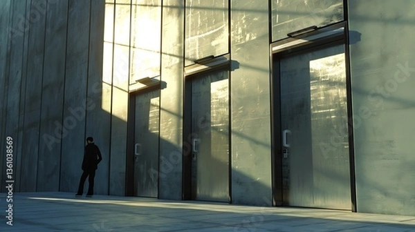 Fototapeta silhouette of a man walking in the street, people walking in the city, Mysterious Businessman in a Futuristic Urban Landscape Bathed in Golden Light and Shadows Near a Modern Glass Skyscraper
